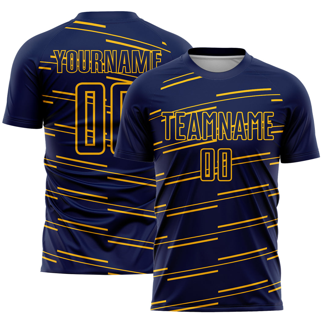 Custom Navy Yellow Lines Sublimation Soccer Uniform Jersey