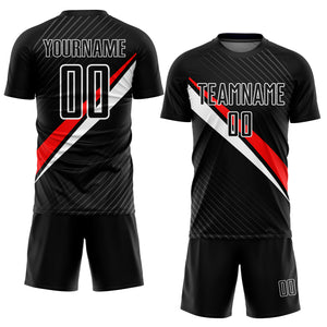 Custom Black Red-White Diagonal Lines Sublimation Soccer Uniform Jersey