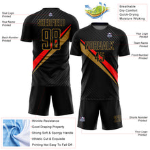 Load image into Gallery viewer, Custom Black Red-Old Gold Diagonal Lines Sublimation Soccer Uniform Jersey
