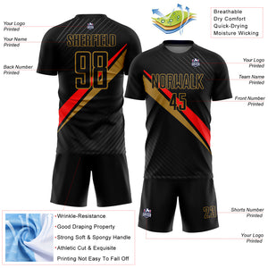 Custom Black Red-Old Gold Diagonal Lines Sublimation Soccer Uniform Jersey