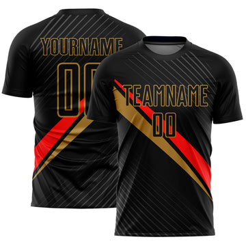 Custom Black Red-Old Gold Diagonal Lines Sublimation Soccer Uniform Jersey