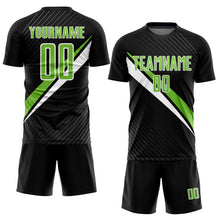 Load image into Gallery viewer, Custom Black Neon Green-White Diagonal Lines Sublimation Soccer Uniform Jersey
