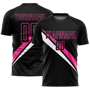 Custom Black Pink-White Diagonal Lines Sublimation Soccer Uniform Jersey