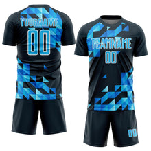 Load image into Gallery viewer, Custom Navy Sky Blue-White Geometric Shapes Sublimation Soccer Uniform Jersey
