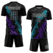 Load image into Gallery viewer, Custom Black Teal-Purple Dripping Splatter Art Sublimation Soccer Uniform Jersey
