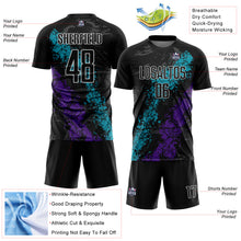 Load image into Gallery viewer, Custom Black Teal-Purple Dripping Splatter Art Sublimation Soccer Uniform Jersey
