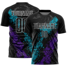 Load image into Gallery viewer, Custom Black Teal-Purple Dripping Splatter Art Sublimation Soccer Uniform Jersey
