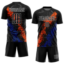 Load image into Gallery viewer, Custom Black Orange-Royal Dripping Splatter Art Sublimation Soccer Uniform Jersey
