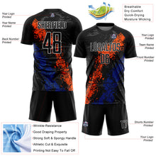 Load image into Gallery viewer, Custom Black Orange-Royal Dripping Splatter Art Sublimation Soccer Uniform Jersey
