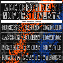 Load image into Gallery viewer, Custom Black Orange-Royal Dripping Splatter Art Sublimation Soccer Uniform Jersey
