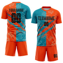 Load image into Gallery viewer, Custom Graffiti Pattern Black Teal-Orange Scratch Sublimation Soccer Uniform Jersey
