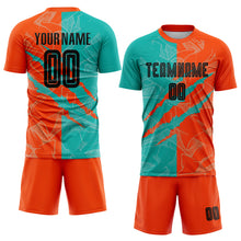 Load image into Gallery viewer, Custom Graffiti Pattern Black Aqua-Orange Scratch Sublimation Soccer Uniform Jersey
