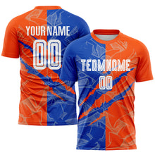 Load image into Gallery viewer, Custom Graffiti Pattern Thunder Blue-Orange Scratch Sublimation Soccer Uniform Jersey
