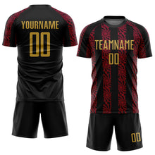 Load image into Gallery viewer, Custom Black Old Gold-Red Abstract Shape Sublimation Soccer Uniform Jersey
