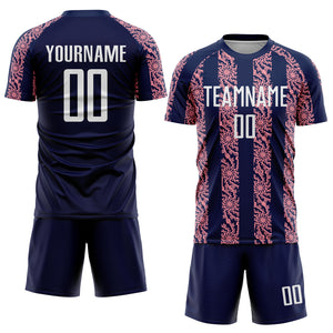 Custom Navy White-Medium Pink Abstract Shape Sublimation Soccer Uniform Jersey