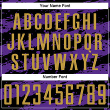Load image into Gallery viewer, Custom Black Old Gold-Purple Splash Sublimation Soccer Uniform Jersey
