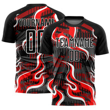 Load image into Gallery viewer, Custom Black Red-White Flame Sublimation Soccer Uniform Jersey
