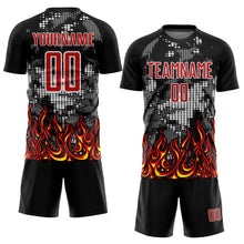 Load image into Gallery viewer, Custom Black Red Gold-Gray Flame Sublimation Soccer Uniform Jersey

