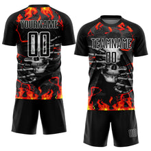 Load image into Gallery viewer, Custom Black Red-Gold Skull Flame Sublimation Soccer Uniform Jersey
