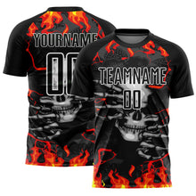 Load image into Gallery viewer, Custom Black Red-Gold Skull Flame Sublimation Soccer Uniform Jersey
