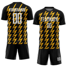 Load image into Gallery viewer, Custom Black White-Gold Zigzag Shape Sublimation Soccer Uniform Jersey
