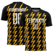 Load image into Gallery viewer, Custom Black White-Gold Zigzag Shape Sublimation Soccer Uniform Jersey
