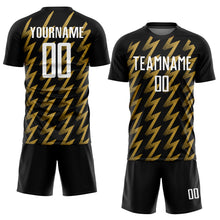 Load image into Gallery viewer, Custom Black White-Old Gold Zigzag Shape Sublimation Soccer Uniform Jersey
