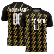 Load image into Gallery viewer, Custom Black White-Old Gold Zigzag Shape Sublimation Soccer Uniform Jersey
