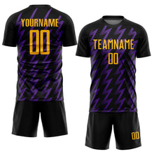 Load image into Gallery viewer, Custom Black Gold-Purple Zigzag Shape Sublimation Soccer Uniform Jersey

