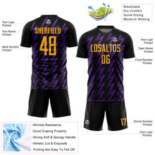 Load image into Gallery viewer, Custom Black Gold-Purple Zigzag Shape Sublimation Soccer Uniform Jersey
