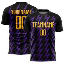Load image into Gallery viewer, Custom Black Gold-Purple Zigzag Shape Sublimation Soccer Uniform Jersey
