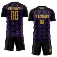 Load image into Gallery viewer, Custom Black Old Gold-Purple Zigzag Shape Sublimation Soccer Uniform Jersey
