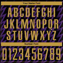 Load image into Gallery viewer, Custom Black Old Gold-Purple Zigzag Shape Sublimation Soccer Uniform Jersey
