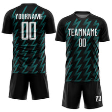 Load image into Gallery viewer, Custom Black White-Teal Zigzag Shape Sublimation Soccer Uniform Jersey
