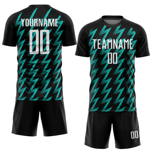 Custom Black White-Aqua Zigzag Shape Sublimation Soccer Uniform Jersey