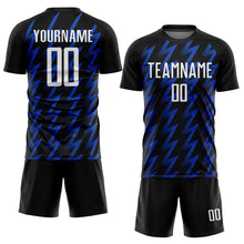 Load image into Gallery viewer, Custom Black White-Thunder Blue Zigzag Shape Sublimation Soccer Uniform Jersey
