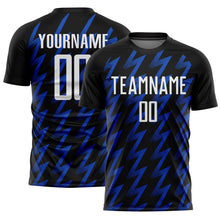 Load image into Gallery viewer, Custom Black White-Thunder Blue Zigzag Shape Sublimation Soccer Uniform Jersey
