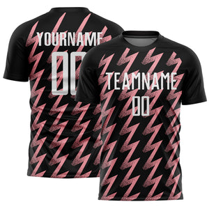 Custom Black White-Medium Pink Zigzag Shape Sublimation Soccer Uniform Jersey