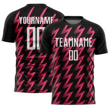 Load image into Gallery viewer, Custom Black White-Neon Pink Zigzag Shape Sublimation Soccer Uniform Jersey
