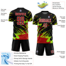 Load image into Gallery viewer, Custom Black Red-Neon Green Abstract Fragment Art Splash Sublimation Soccer Uniform Jersey
