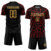 Load image into Gallery viewer, Custom Black Old Gold-Red Abstract Network Splash Sublimation Soccer Uniform Jersey
