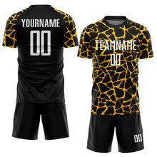 Load image into Gallery viewer, Custom Black White-Gold Abstract Network Splash Sublimation Soccer Uniform Jersey
