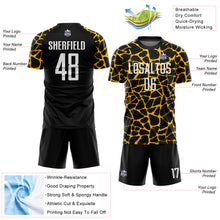 Load image into Gallery viewer, Custom Black White-Gold Abstract Network Splash Sublimation Soccer Uniform Jersey
