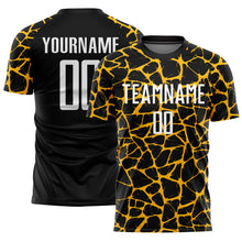 Load image into Gallery viewer, Custom Black White-Gold Abstract Network Splash Sublimation Soccer Uniform Jersey
