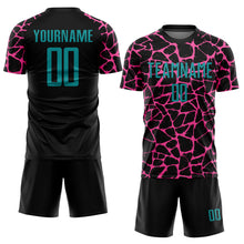 Load image into Gallery viewer, Custom Black Teal-Pink Abstract Network Splash Sublimation Soccer Uniform Jersey
