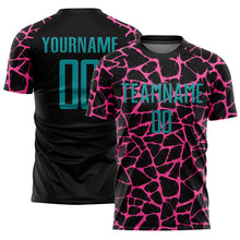 Load image into Gallery viewer, Custom Black Teal-Pink Abstract Network Splash Sublimation Soccer Uniform Jersey
