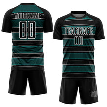 Load image into Gallery viewer, Custom Black Teal-White Geometric Shapes And Line Sublimation Soccer Uniform Jersey
