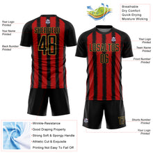 Load image into Gallery viewer, Custom Black Red-Old Gold Line Sublimation Soccer Uniform Jersey
