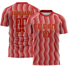 Load image into Gallery viewer, Custom Red Old Gold-White Geometric Shape Sublimation Soccer Uniform Jersey
