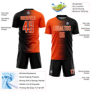 Custom Black Orange-White Gradient Line Sublimation Soccer Uniform Jersey